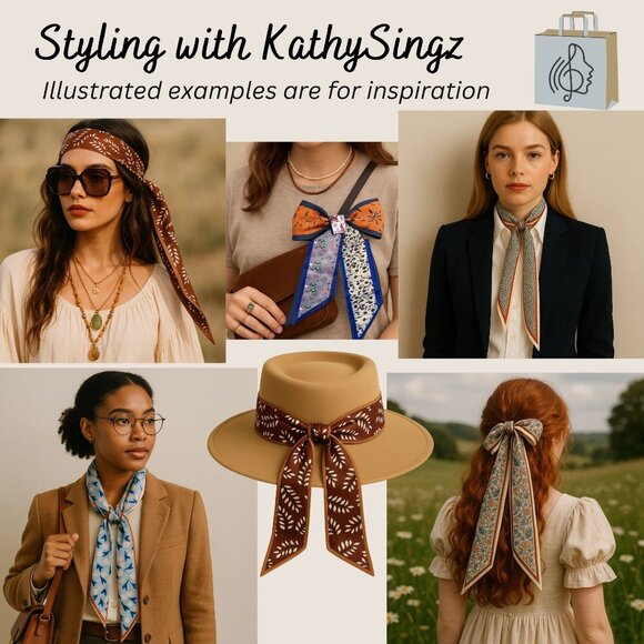 Slim Scarf Two Sided 34 inch Abstract Micro Print Blue Fan Petals Neck Hair No40 - Picture 9 of 12